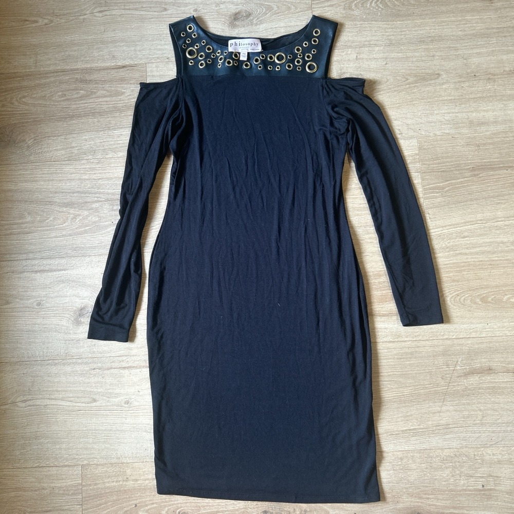 Philosophy Republic‎ Clothing Black Cold Shoulder Grommet Faux Leather Dress PS